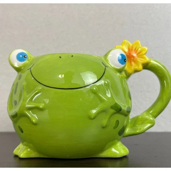 PIER 1 One Imports Freddy The Frog Coffee Cup Mug Planter Ceramic Sunflower Cute - Picture 2 of 10